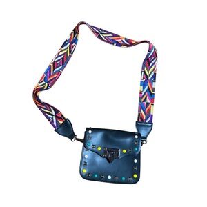 Genuine Leather Mini Crossbody Bag Colorful Woven Strap Studded